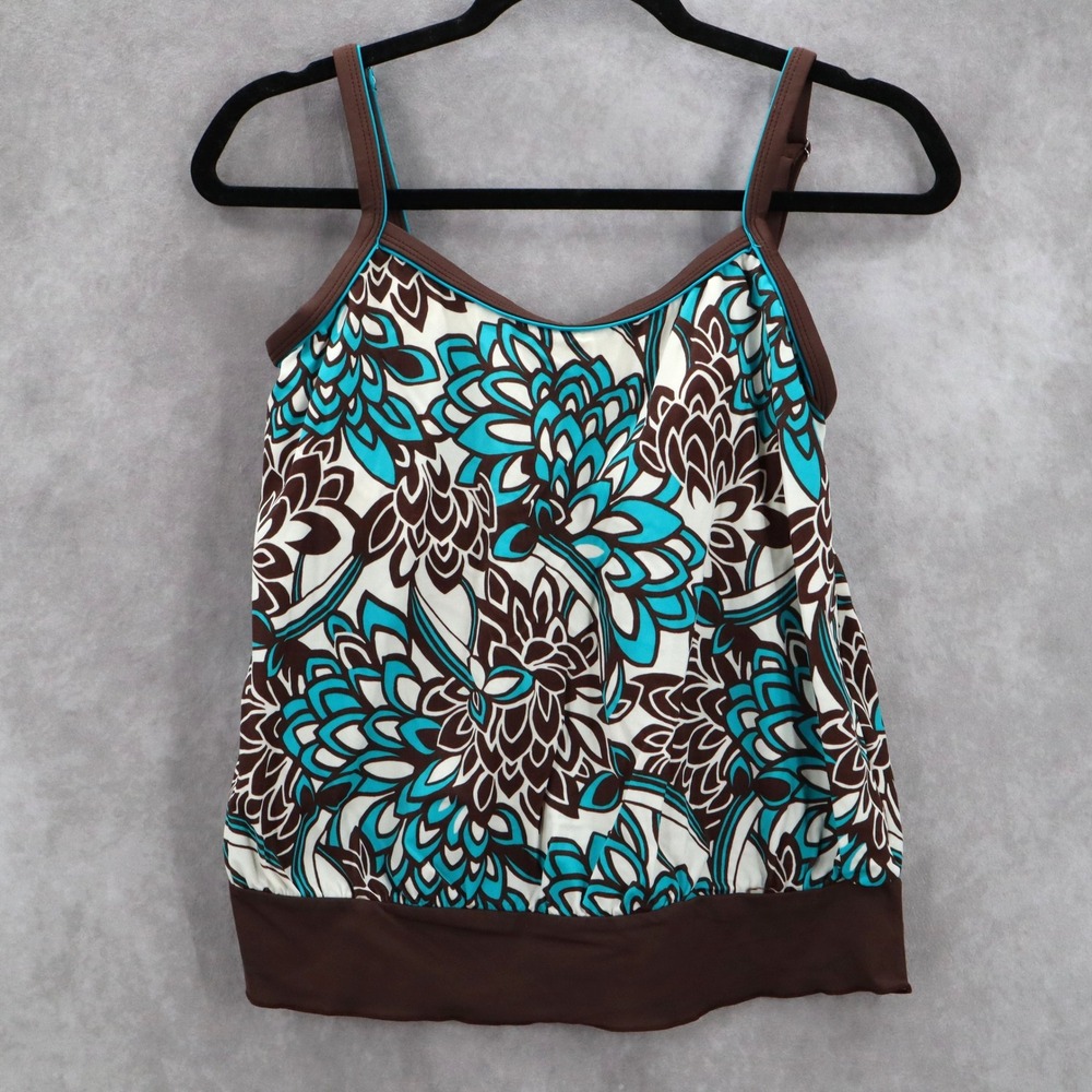 Kim Rogers Brown Blue Floral Swim Tropical Beach Boho Tankini Top S Small